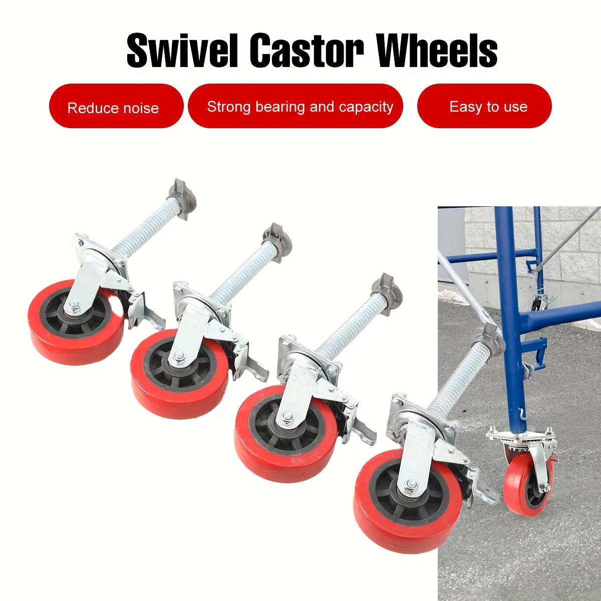 E-shop 4er-Set Gerüstarmlenkrollen 150 mm Rollfüße Spindelrollen Drehrollen Gerüstarmlenkrollen mit Bremsanlage für Gerüste, 500 kg Tragkraft