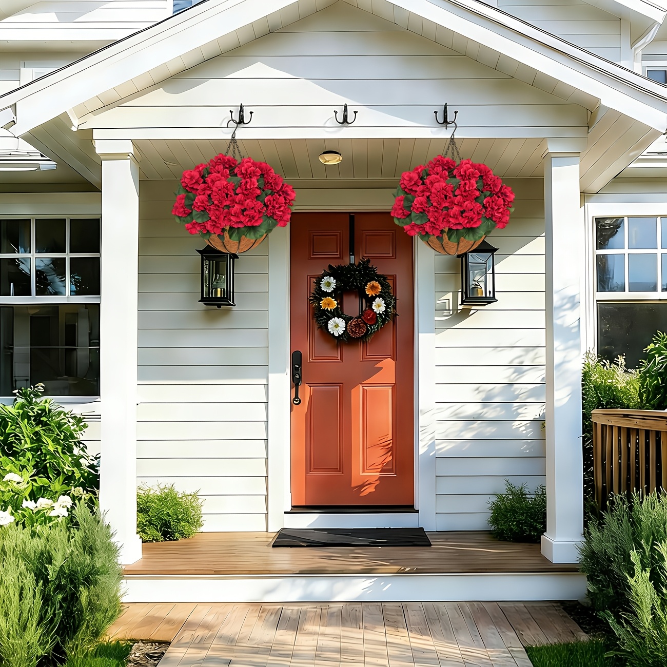 2 Sets Artificial Red Geranium Flowers with Hanging Baskets and Planters, 12pcs Each for Garden and Home Decor