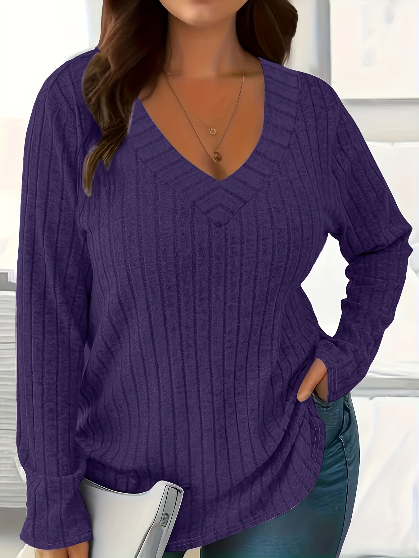 Women'S Plus Size V-Neck Ribbed T-Shirt - Soft, Lightweight with Medium Stretch, Casual Long Sleeve Solid Color Top, Machine Washable, Perfect for Spring, Fall & Winter, Autumn Casual Wear | Vneck Top | Medium Elasticity