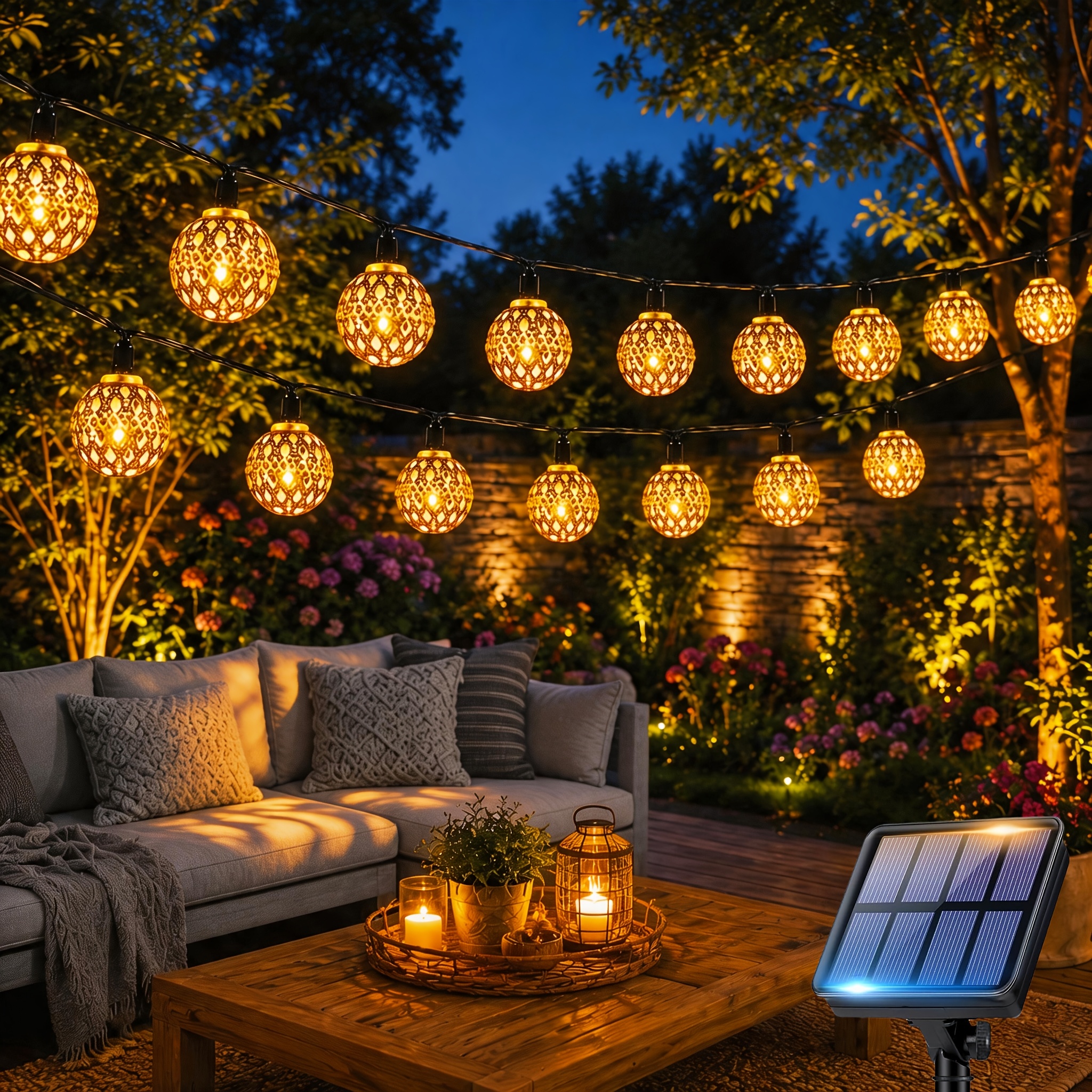 TEMU Solar Moroccan Ball String Lights, 6.6/5.1m Garden Fairy Lights, 30/20 Fairy Tale Metal Ball Lights, 8 Modes, Smart Light Sensing , Suitable For