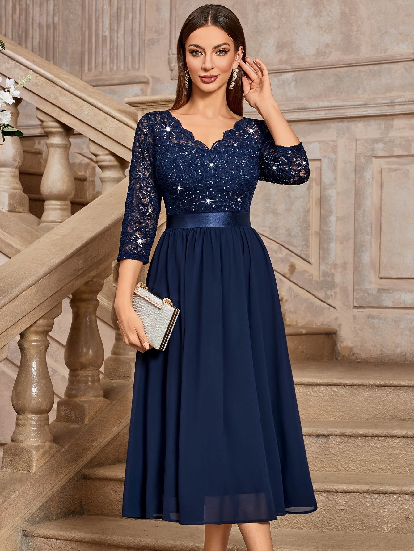 elegant womens sequin lace v neck 3 4 sleeve midi dress chic floral print with tulle skirt   parties casual     wear lace dress