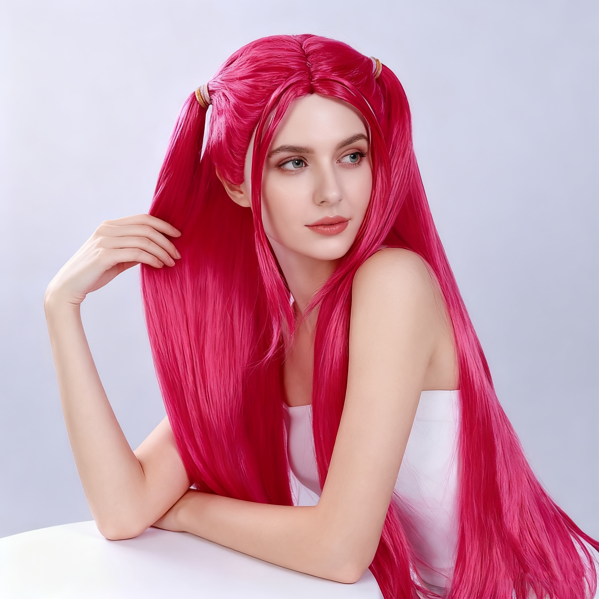 A Long Pink Anime Wig Featuring A Twin-tail Style Made From Heat-resistant Synthetic Material, Perfect For Cosplay, Pop Idols, And Comic Characters