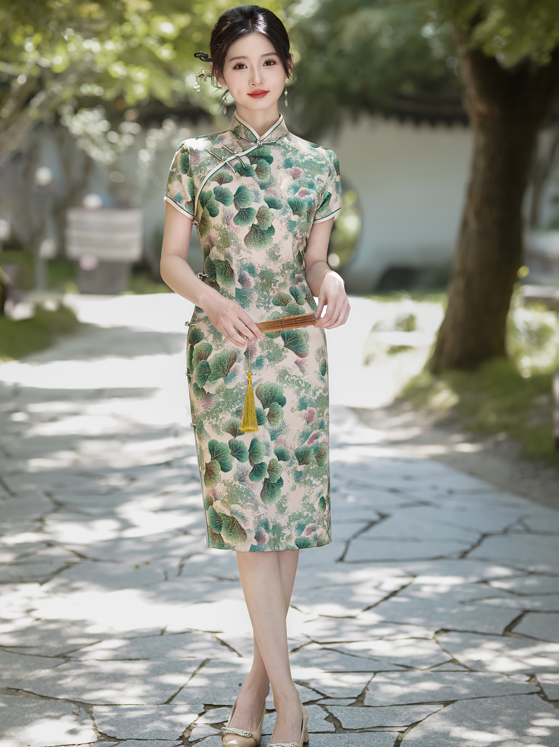 2025 Spring And Summer Chinese Style Cheongsam, Green Ginkgo Leaf  Full-Length Dress * Retro Style * Dress, Elegant Party Dress