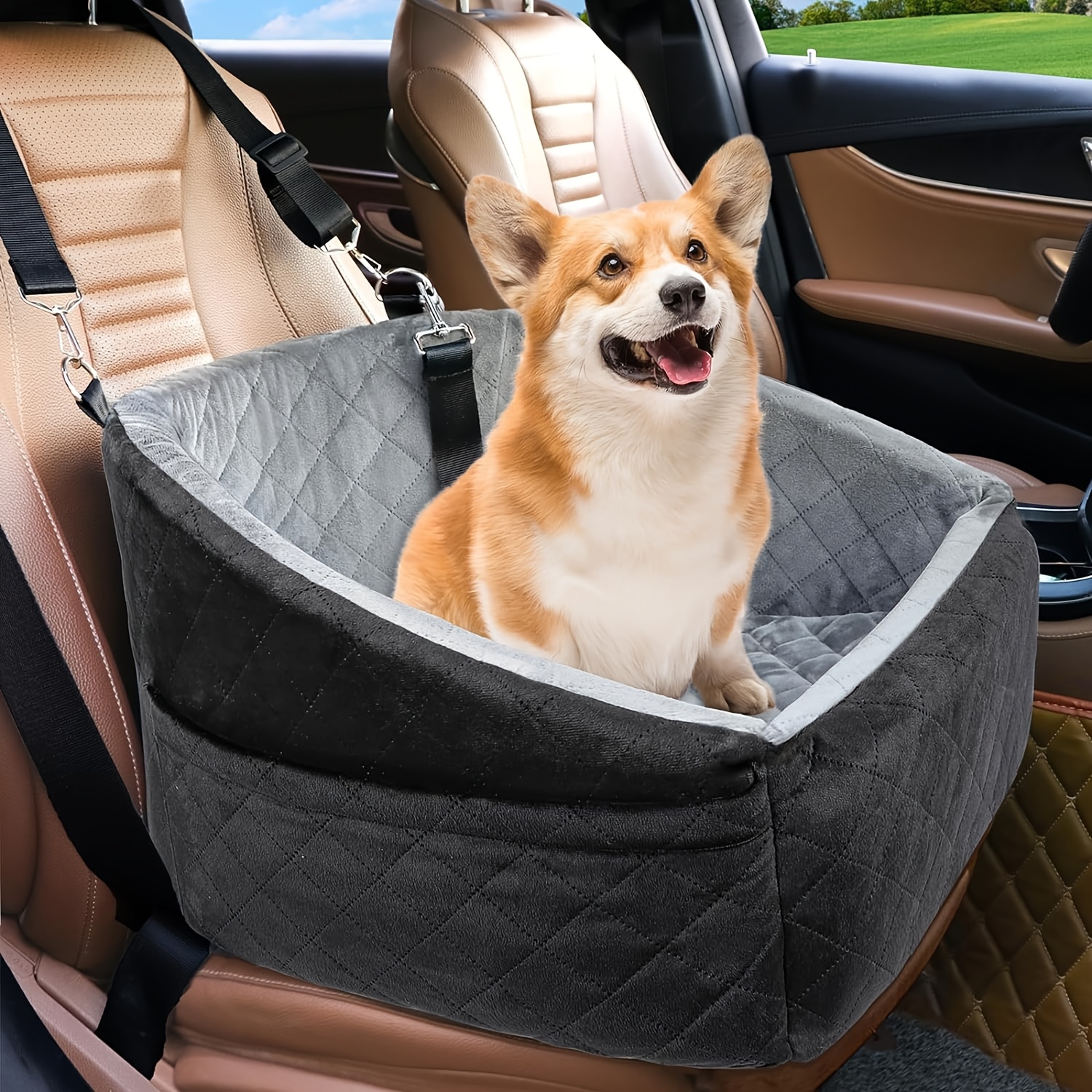 Image of Dog Booster Car Seat Suitable For Small Dogs Up To 30lbs, Detachable Washable Travel Bed With Safety Belt & Storage Pockets, Adjustable Pet Seat For Vehicle, Booster For Trips, For Underweight Puppies