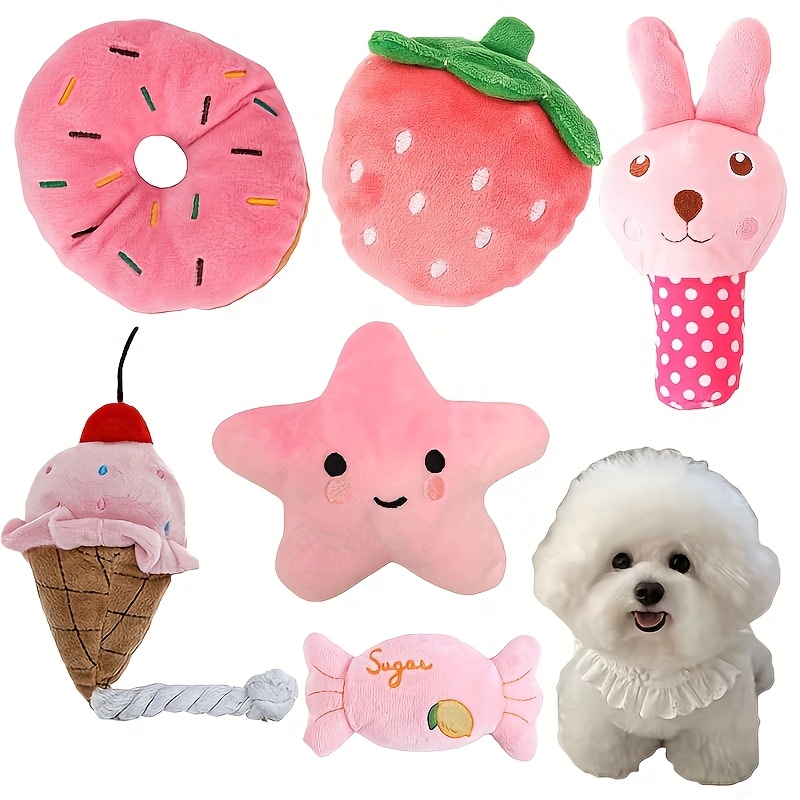 

6pcs Pink Series Plush Squeaky Dog Toys, Interactive Pet Playthings For Small Breeds, Soft Material