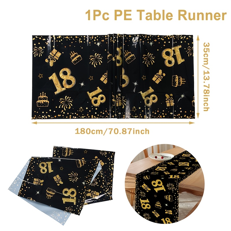 E-shop 1 Stück, 18. Geburtstag Tischläufer, 35*180 cm, Schwarz Gold Vollversion Geburtstagsgeschenk Muster PE Tischflagge, 18 Jahre Geburtstagsparty