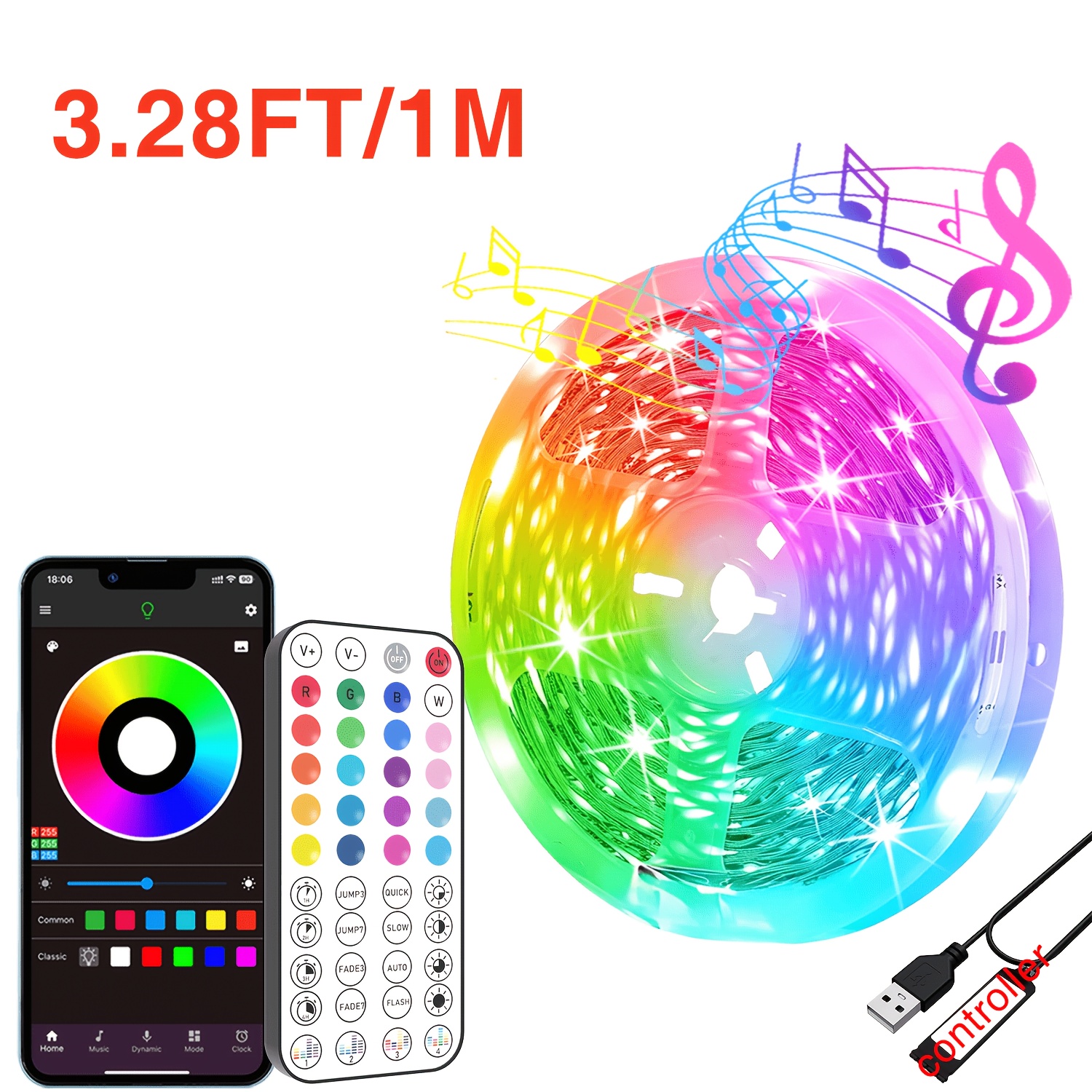 TEMU Smart Home Rgb Strip Light, 3ft-100ft Led Light, Remote And App Control, With Music Synchronization, Timer, Functionality, And Stage Lighting .