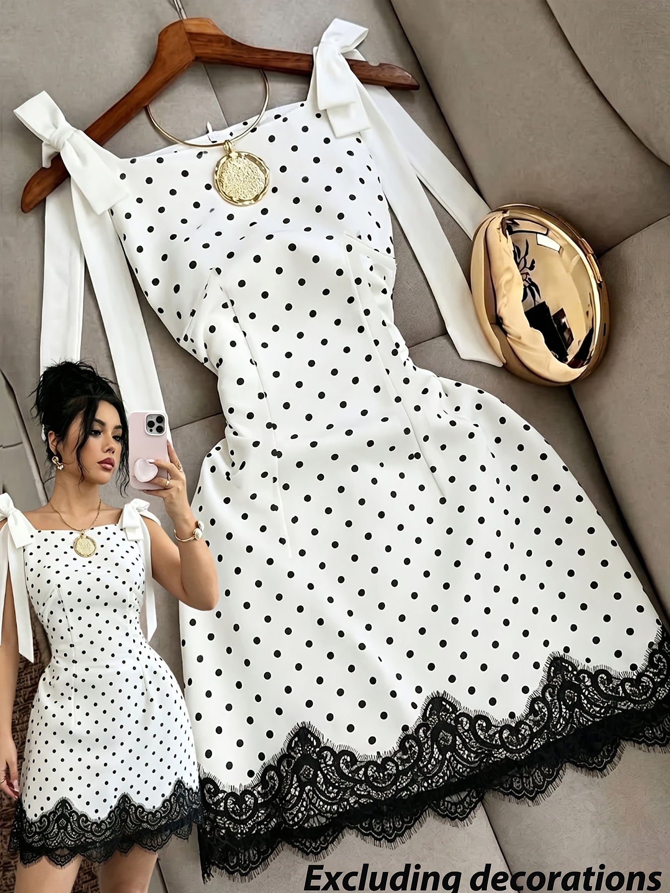 white mini dress black bow 2026 Summer New French Square Neck Strap Women'S And Polka Dot Lace Fitted Short Skirt Beach Vacation * Color:Black/Machiatto