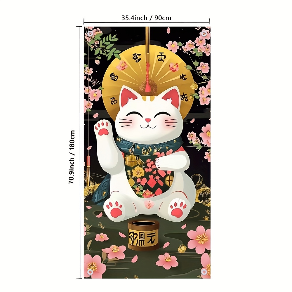 TEMU Bannière de porte 2D, 1 pièce Bannière de porte cerisier et chat - Polyester durable, lavable et réutilisable - Parfait pour des vacances et la