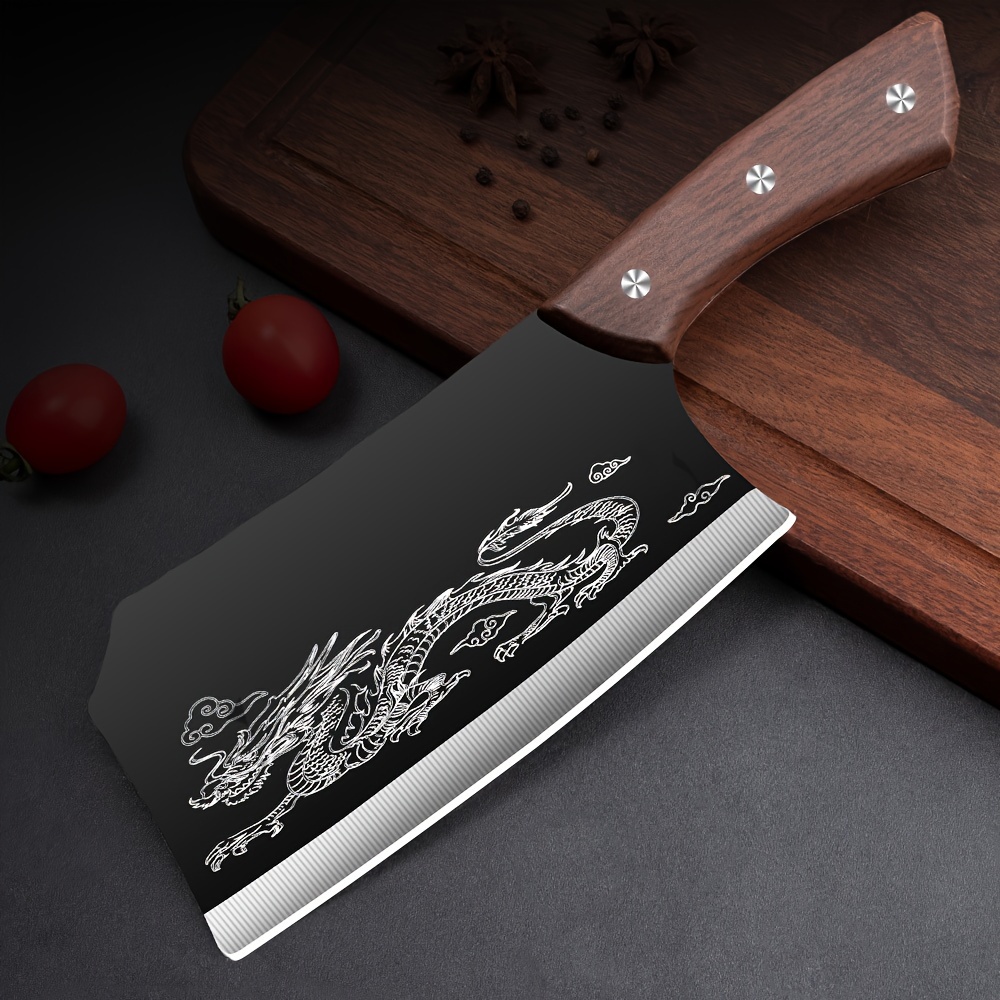 

1pc Stainless Steel Dragon Patterned Black Kitchen Knife With A Sharp 6.69-inch Blade And Comfortable Wood Grain Handle, Great Helper For Cutting Meat, Slicing In Restaurant Kitchens