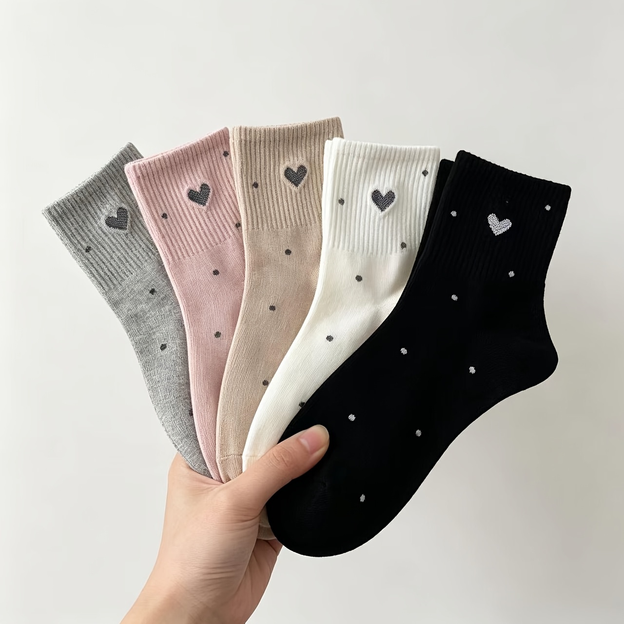 TEMU 5 Pairs Solid Color Student Girly Heart Polka Dot All-match Breathable Sweat-absorbing Non-slip Mid-calf Socks