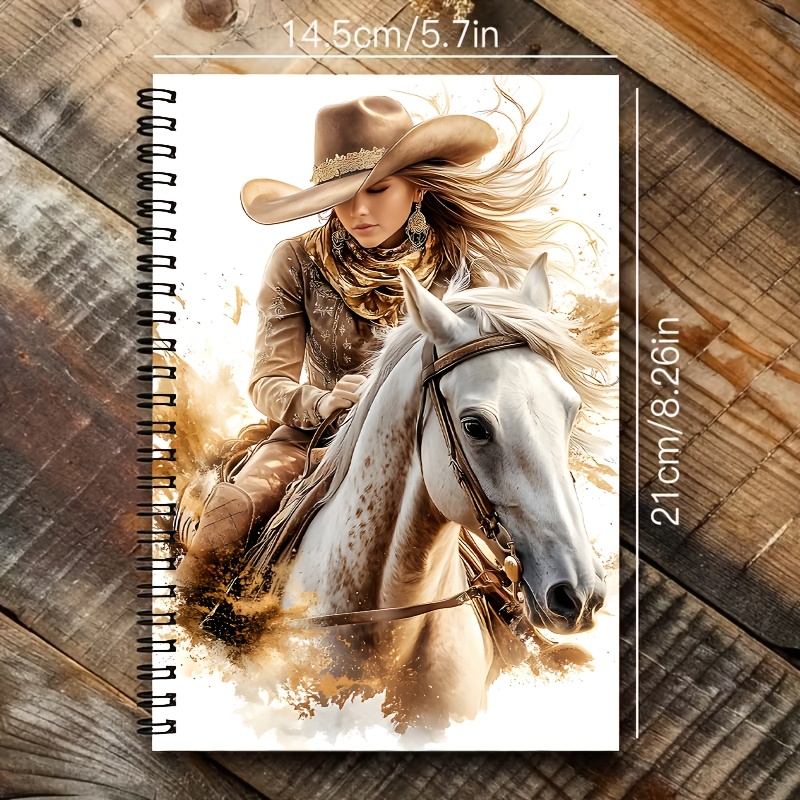 TEMU Western Cowgirl Riding White Horse A5 Spiral Notebook, Black Spiral 24-hole Binding, 50 Sheets 100 Pages, Size 21×14.5cm, Office And Meeting