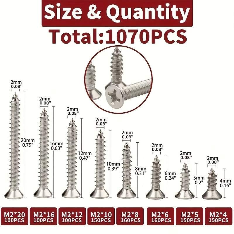 TEMU 1070pcs M2 Self-tapping Screw And Lock Nut Assortment Kit, Mini Thread Nail Screw Fastener Set, Durable Hardware For Electronics Repair,