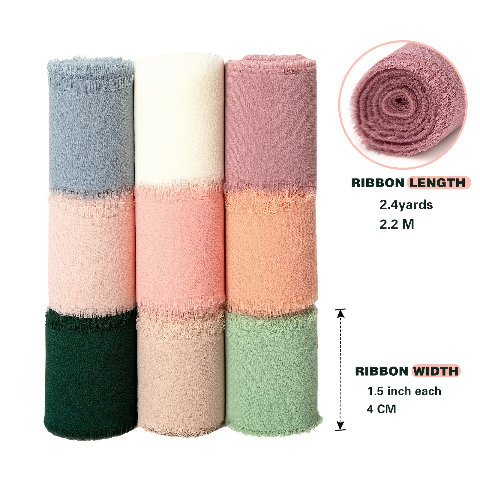 TEMU 9rolls Multicolor Polyester Chiffon Satin Ribbon, 1.5 Inch By 21 Yards, Edge Fringe Ribbon (9rolls * 2.3 Yards), For Gift Wrapping, Wedding