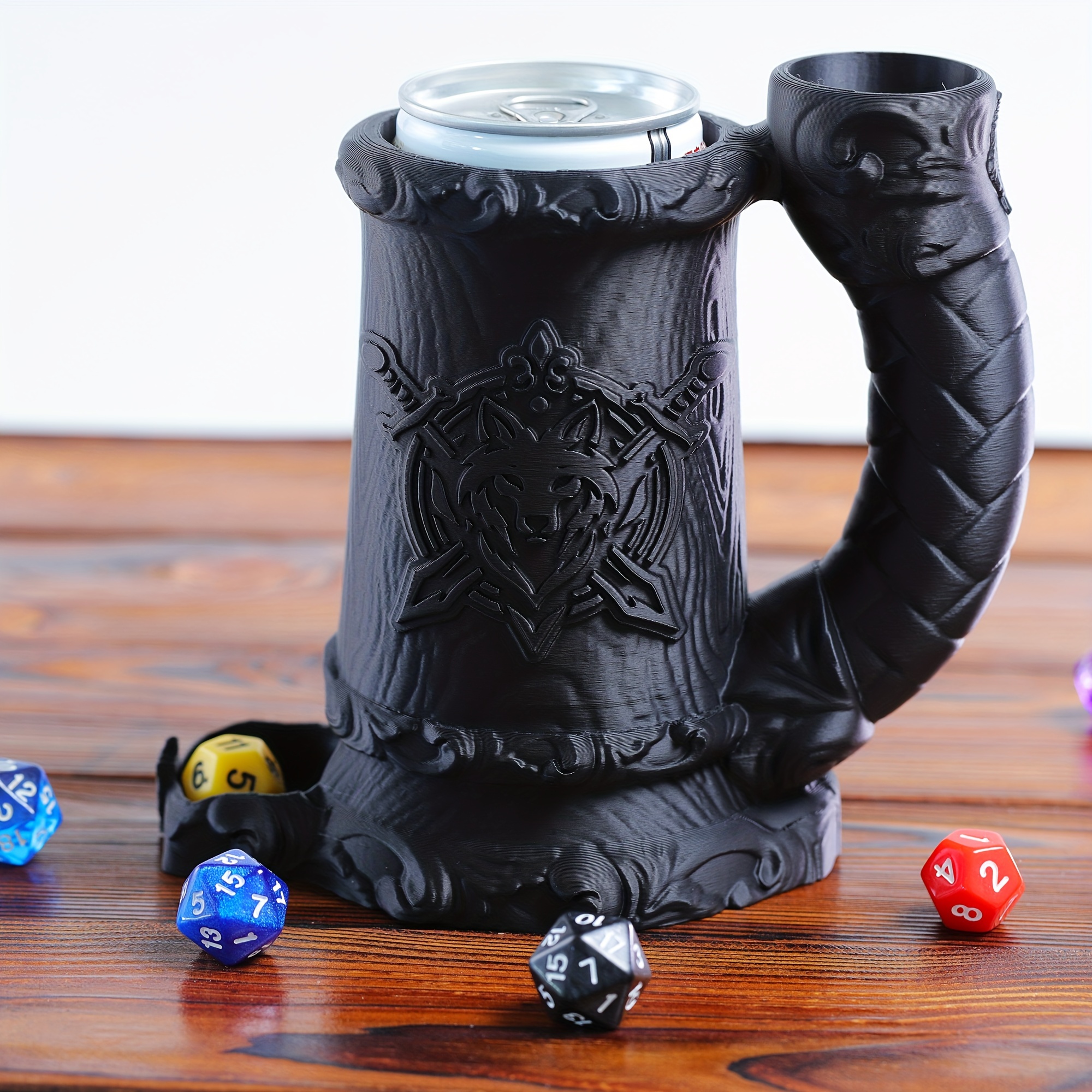 

Black Plastic Wolf Dice Tower Mug With Can Holder - Rpg Board Game Accessory - Ideal Gift For Tabletop Gamers