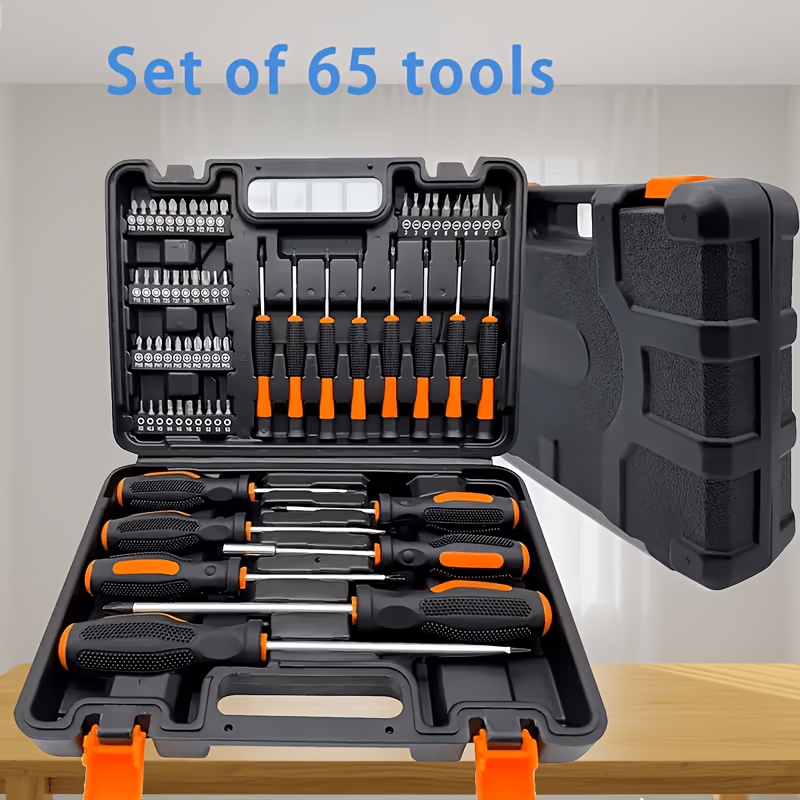 TEMU 65pcs Heavy-duty Precision Screwdriver Set Made Of Chrome Vanadium Steel, Suitable For Automotive And Home Repairs With Slotted Drill Bits
