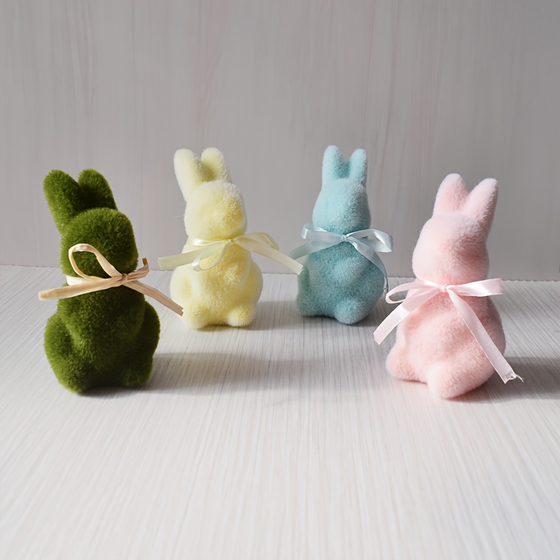 

4pcs Easter Bunny Decorative Figurines, Flocked Foam Rabbit Ornaments With Bow, Non-electric, Featherless, For Decor, Rabbit Accessories