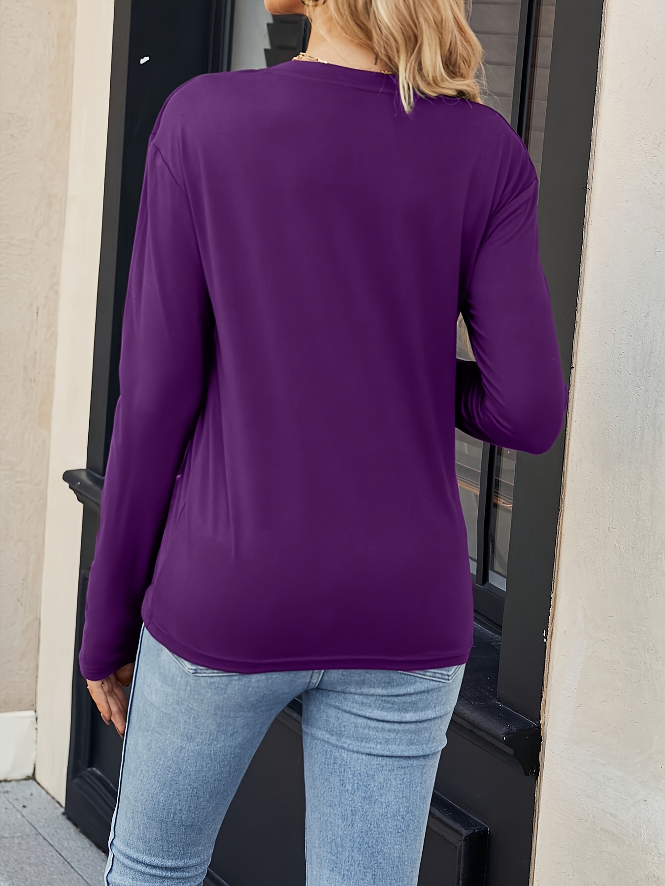 Leyou Liu Women's Elegant Long Sleeve T-Shirt - Vibrant Purple Round Neck Top, Machine Washable Regular Fit for Autumn Winter Casual & Formal Wear, Autumn Wardrobe Essential, Sophisticated Texture, Durable Casualwear, Comfortable Fabric