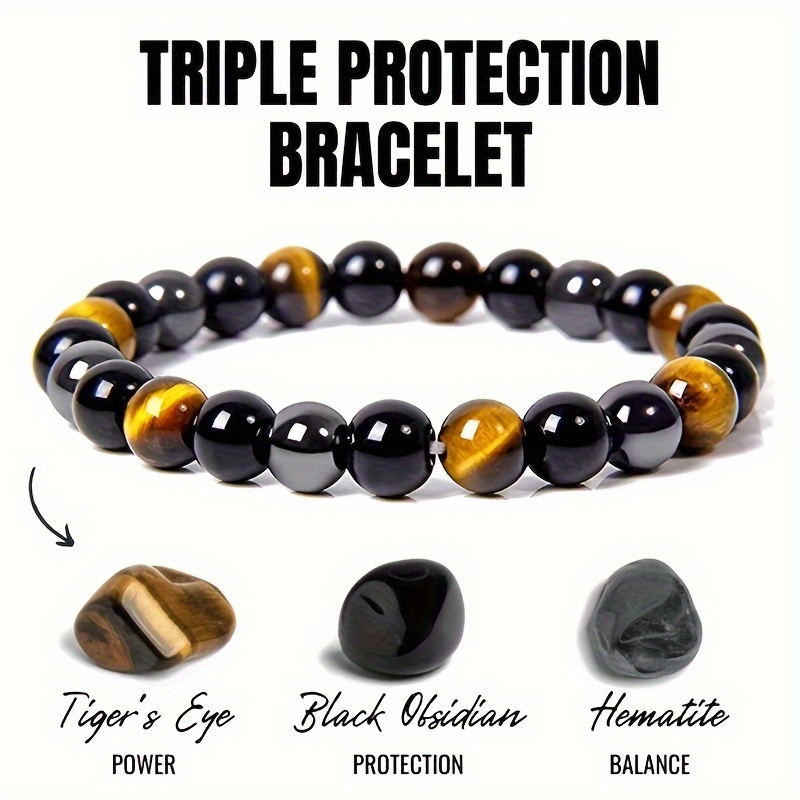 

1 Pc Triple Protection Bracelet Pour La Protection Apporter Chance Et Prospérité Hématite Obsidienne Noire Oeil De Tigre Pierre Bracelets