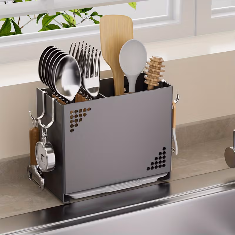 1pc wall mounted chopstick holder space saving kitchen organizer with cutlery slots countertop utensil rack with built in drainage system for home and restaurant use suitable for chopsticks spoons spatulas compact countertop or wall rack Product details 5