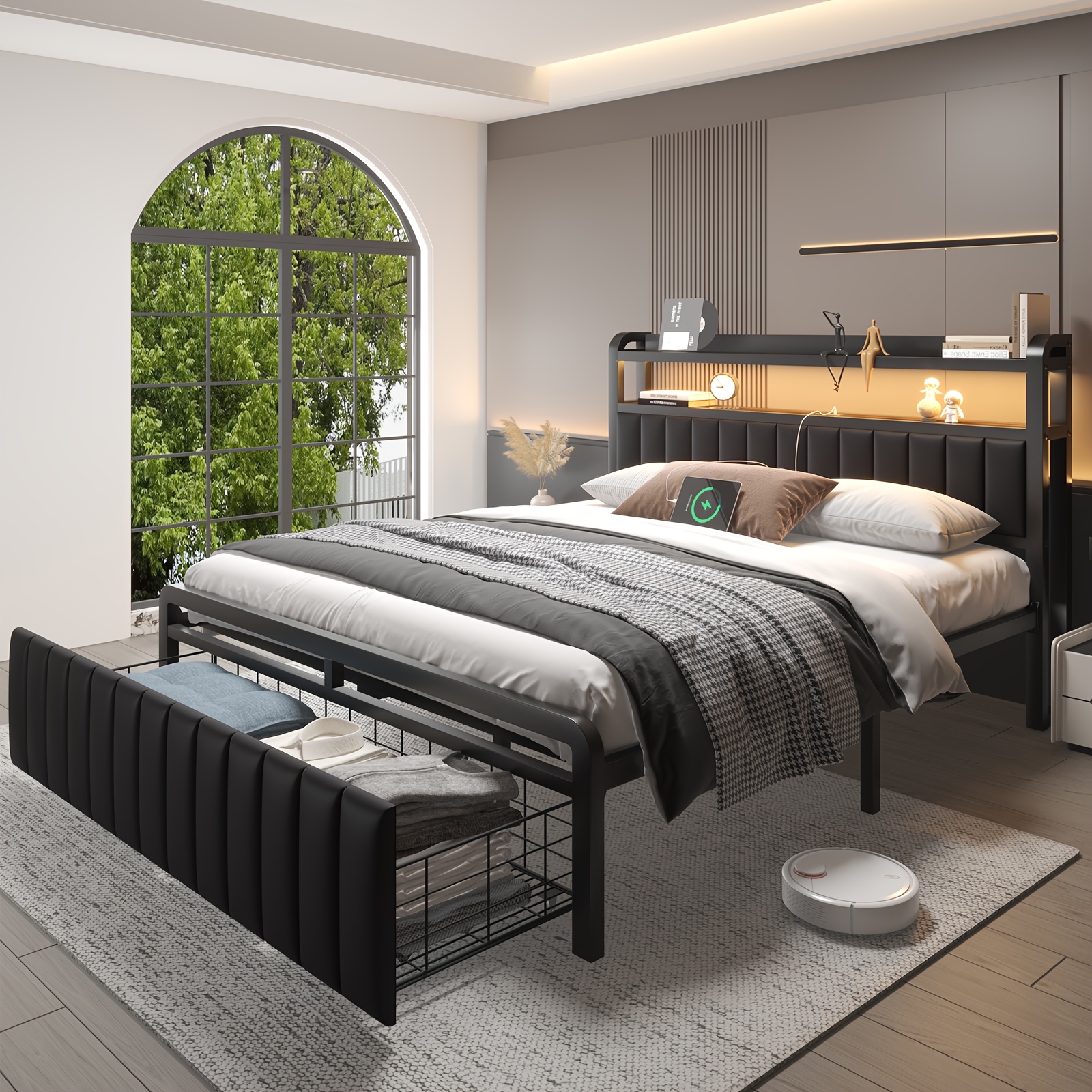 TEMU Metal Platform Bed Frame With 2 - Tier Storage Headboard, Hidden Drawers & 12" Under - Bed Space, Full/queen Size, Black