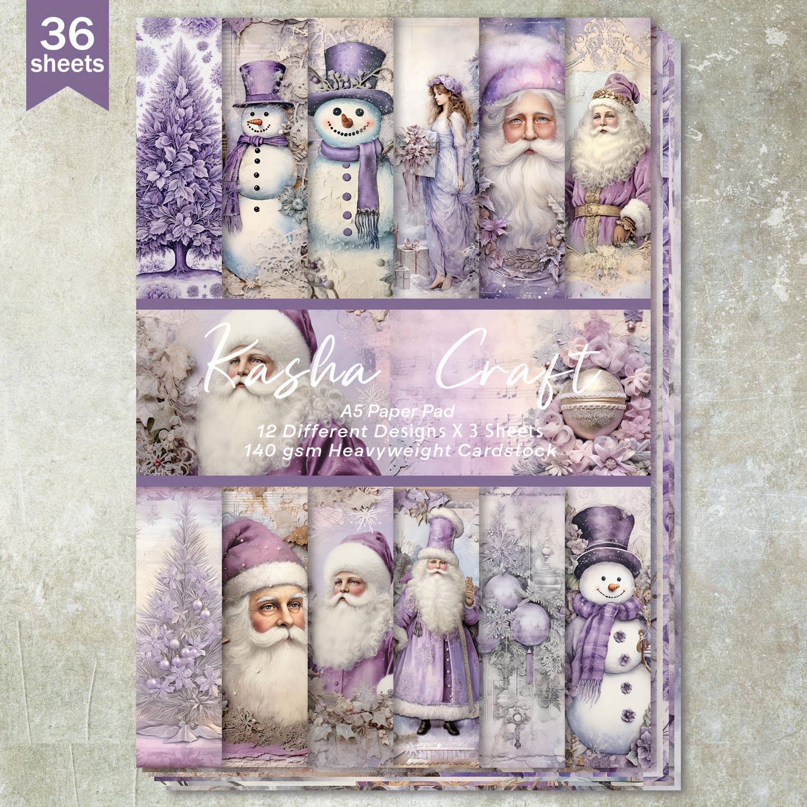 

36 Sheets A5 (purple Christmas Santa Claus Snowman Christmas Tree) Paper, Suitable For Bullet Diary, Junk Magazine, Greeting Card Background, Photo Album And Handicrafts, Christmas Cards