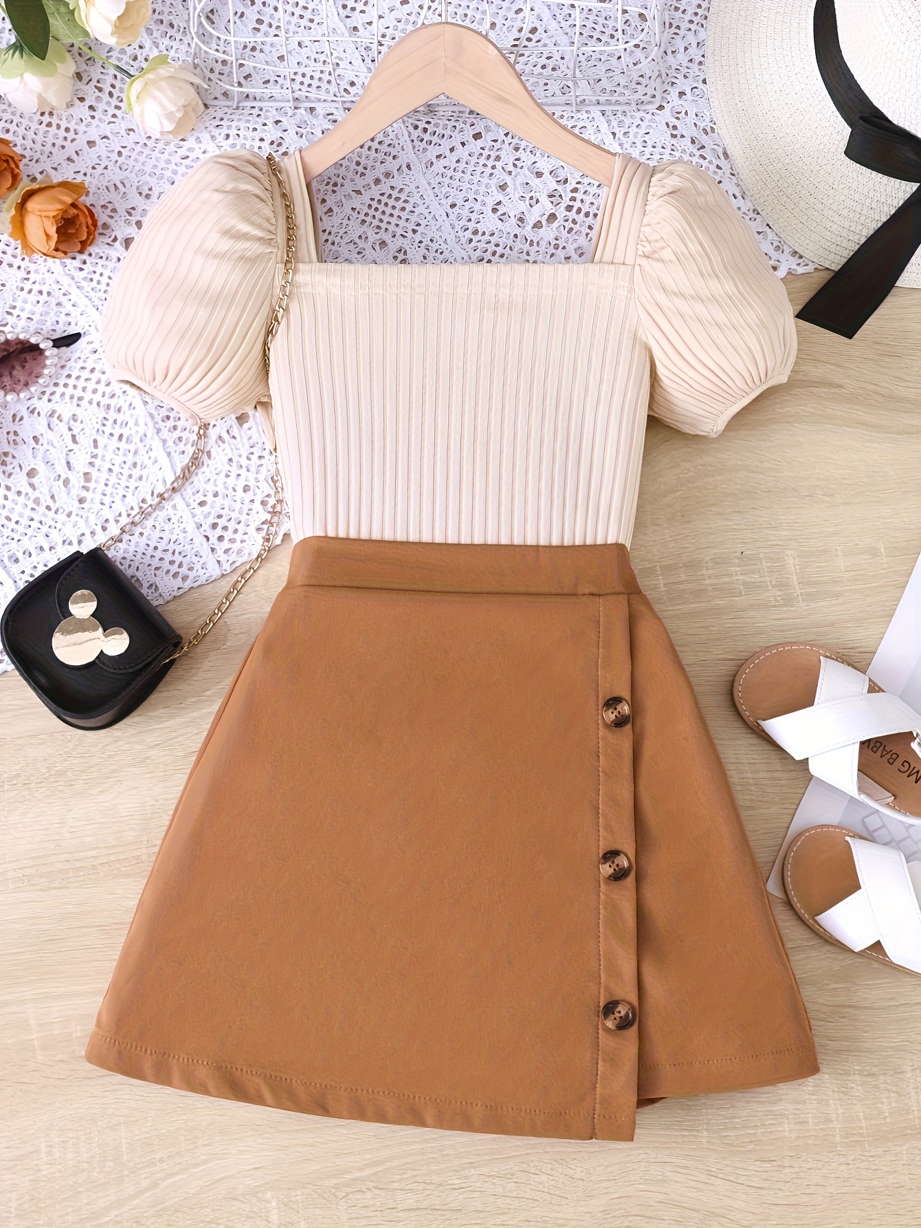 MakeMeChic Girl's 2 Piece Outfits Crew Neck Flutter Sleeve Tee Top And