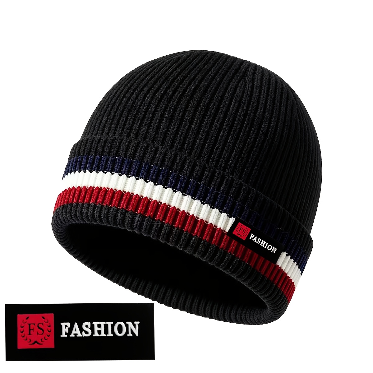 TEMU Men's Color-block Striped Edge Hat, Autumn/winter Vertical Ribbed Elastic Hat, Women's Easy Three-color Striped Round Top Hat , Unisex, Suitable