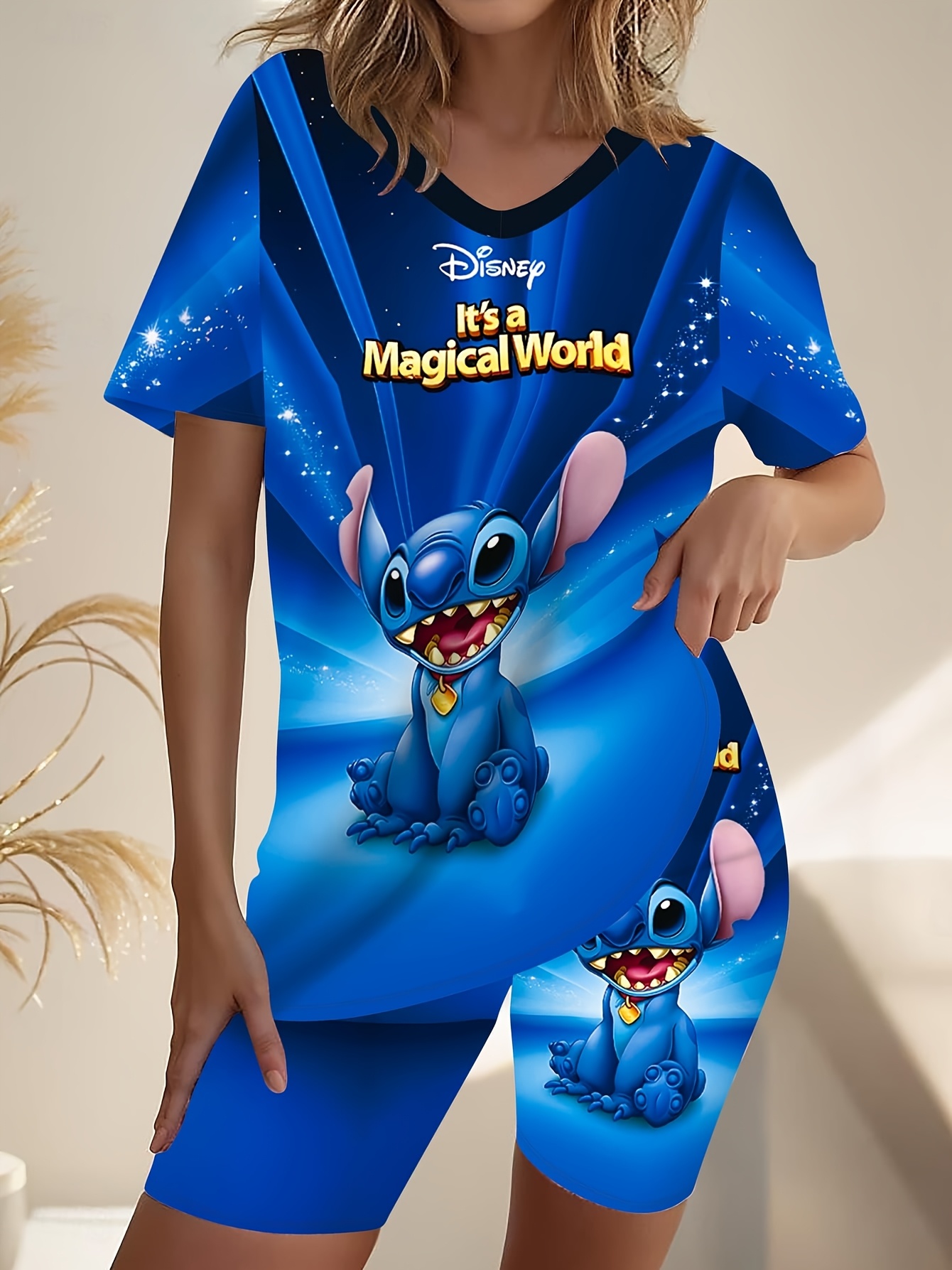 women's 3d print v neck shorts top set blue Temu Greece