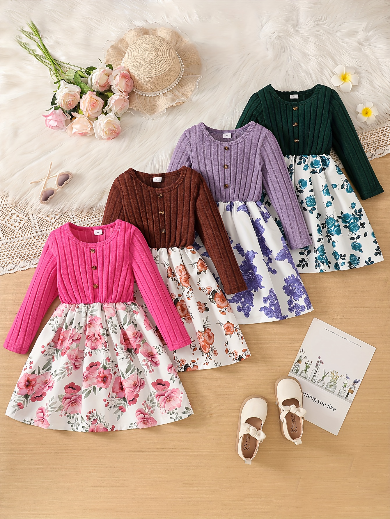 A Set of Four Autumn And Winter Dresses for Young Girls Featuring Long  Sleeves, a Round Neck with Button Details, a Easy Solid Color Bodice, And a  Floral Print Hem. This Elegant And Casual Fashion 