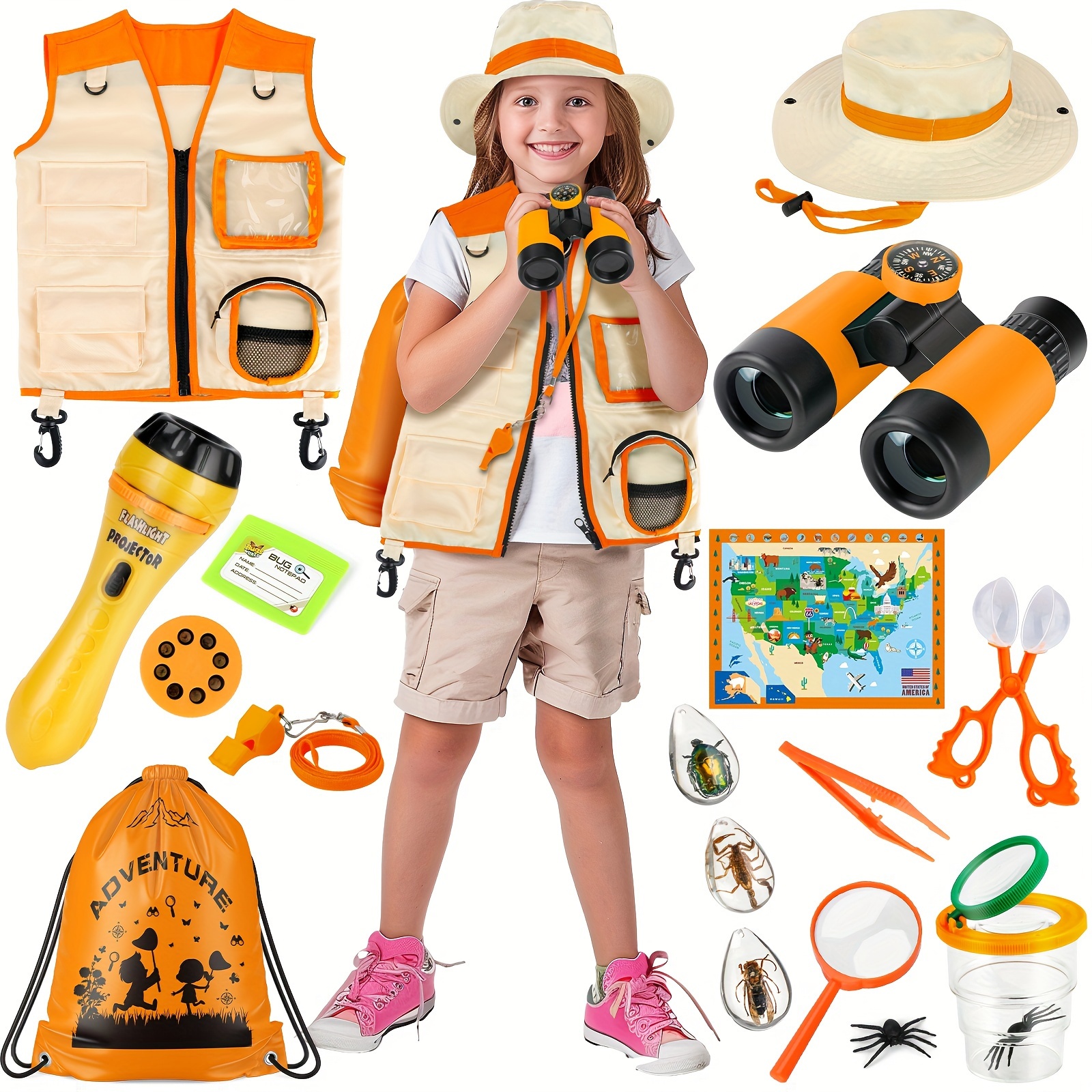 

Kids Kit & Bug , 15 Pcs Kit With Kids Vest, Flashlight Projector, Insect Specimens, Binoculars, Outdoor Exploration Camping Toy For 3-8