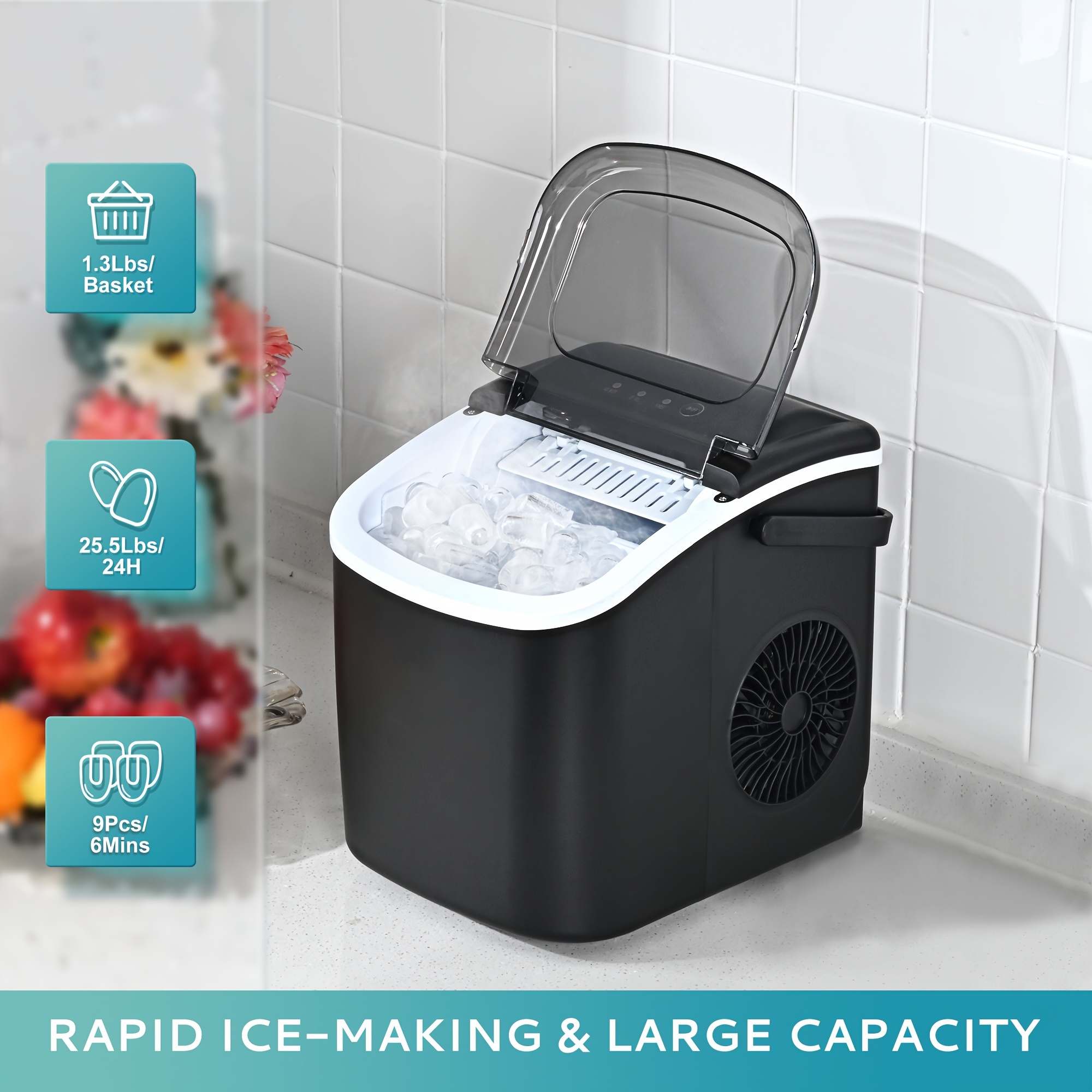 

Ice Maker Countertop, Portable Ice Machine With Self-cleaning, 27lbs/24hrs, 9 Bullet Ice Cubes In 6 Mins, Ice Basket And Scoop, Ideal For Home, Kitchen, Bar, Camping
