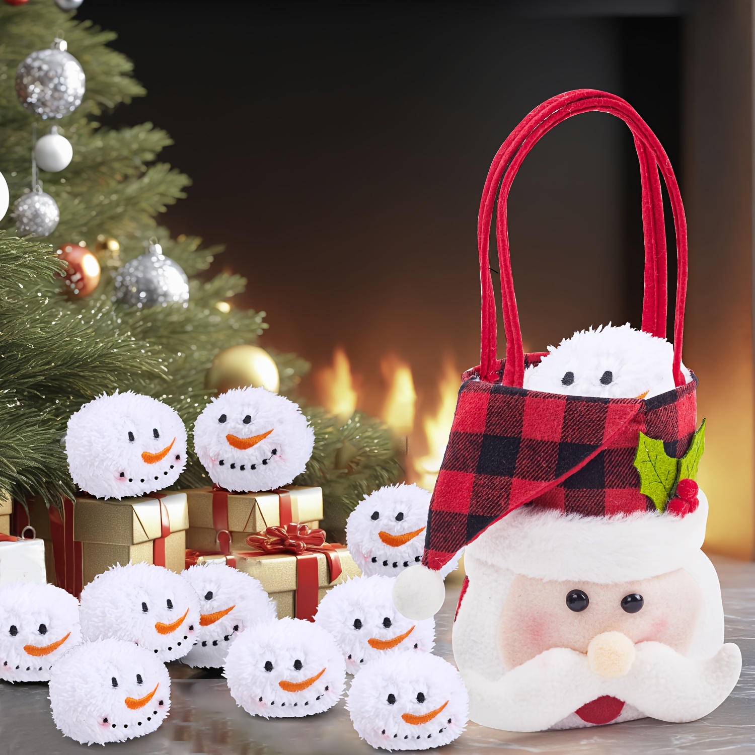 

Classic Christmas Santa Bag With 10 Set - Polyester Plush Indoor Snowball For Holidays - Festive Santa & Snowman Design For Christmas, , Thanksgiving Decor - No Feathers