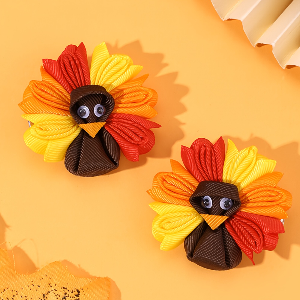 TEMU 2pcs Thanksgiving Themed Turkey Hair Clips Made Of Colorful Ribbons With Eyes And An Orange Yellow Beak Ideal For A Festive Touch During