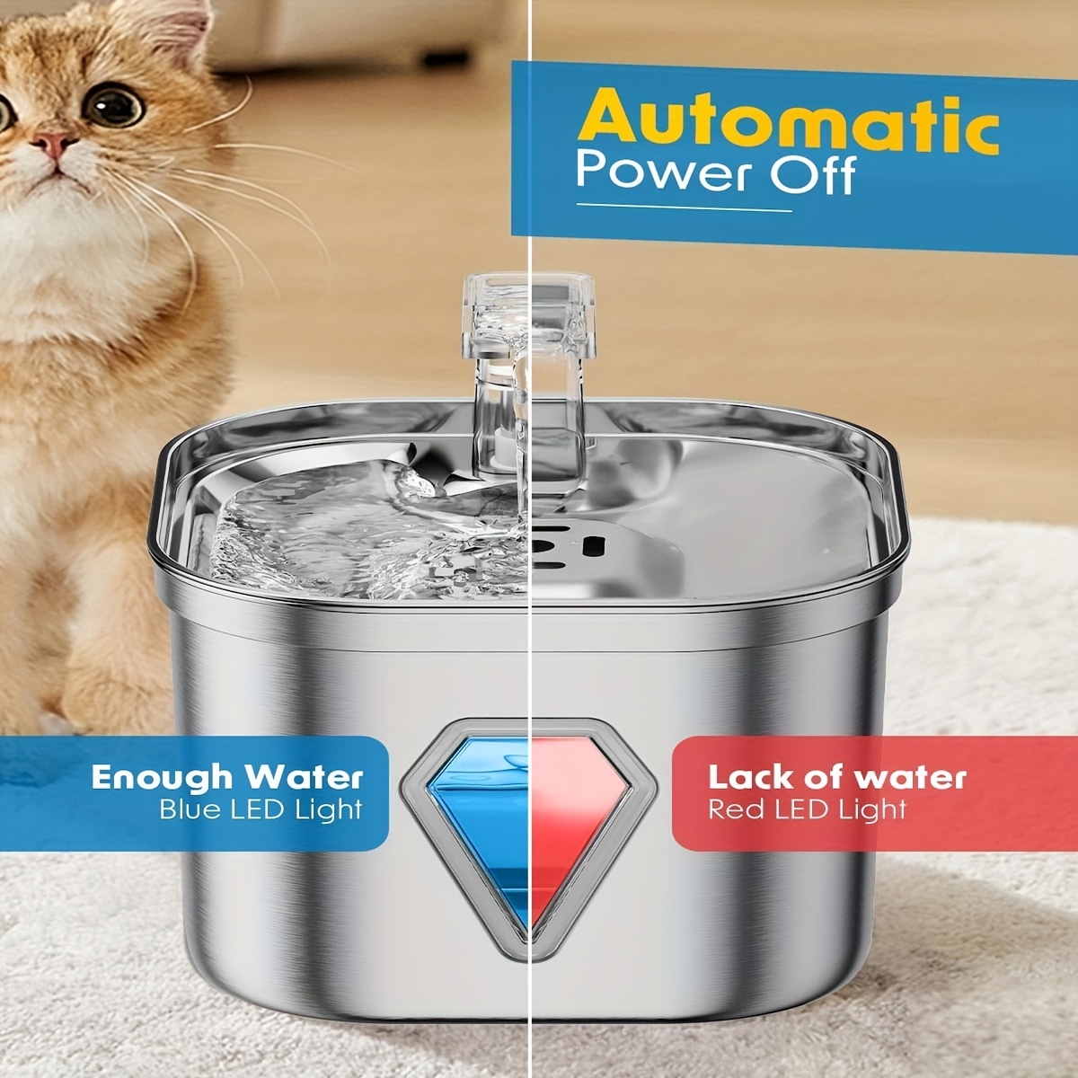 Stainless Steel Cat Water Dispenser - 74 Oz/2.2 Liter, Silent Pump, Lighted Anti-Dry Burn, Complimentary Filter Cartridge, Indoor Pet Water Dispenser