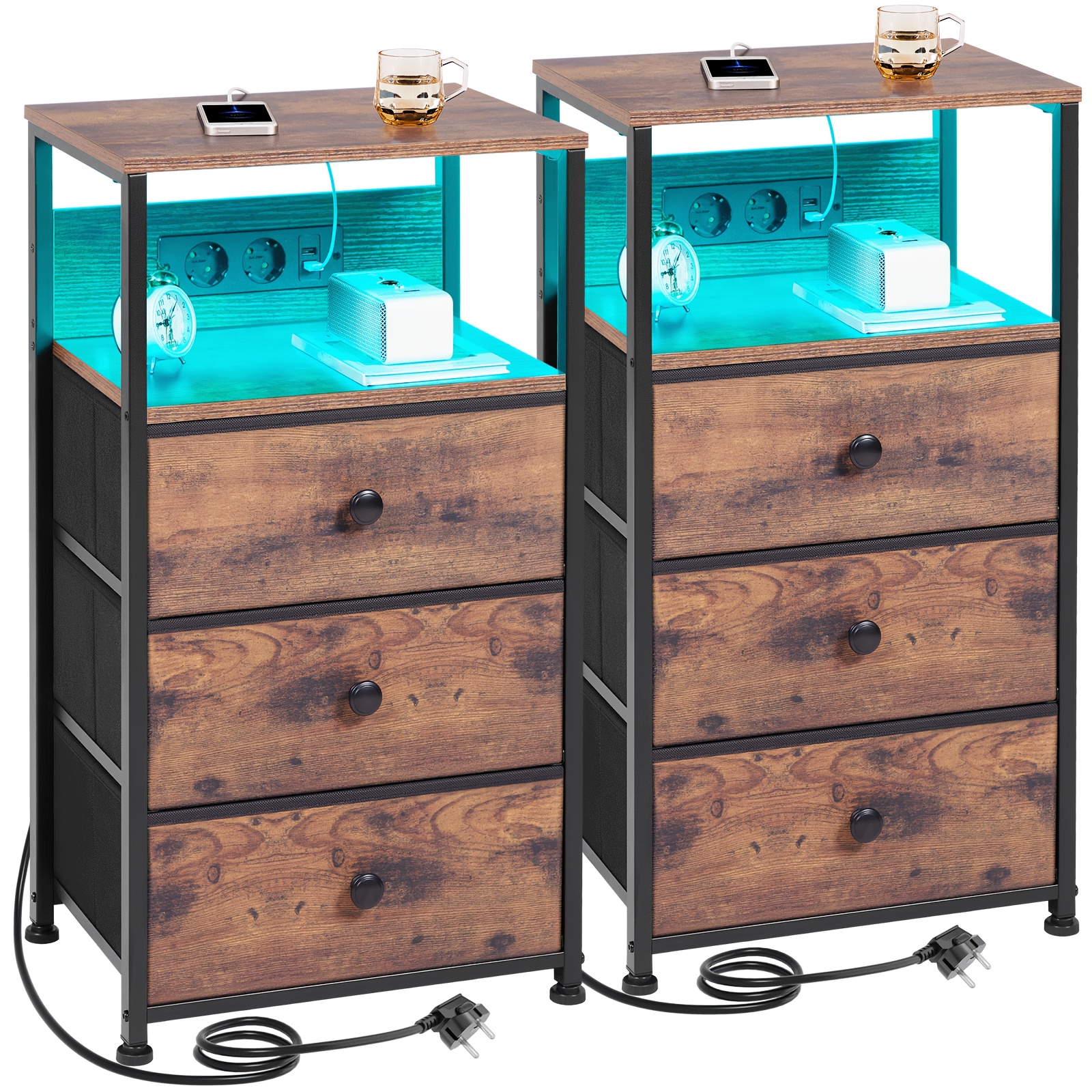 Image of Amhancible 2pcs Bedside Table With 3 Fabric Drawers With Led Lighting, Charging Station Side Table For Bedroom, Living Room, Hallway, Easy Assembly