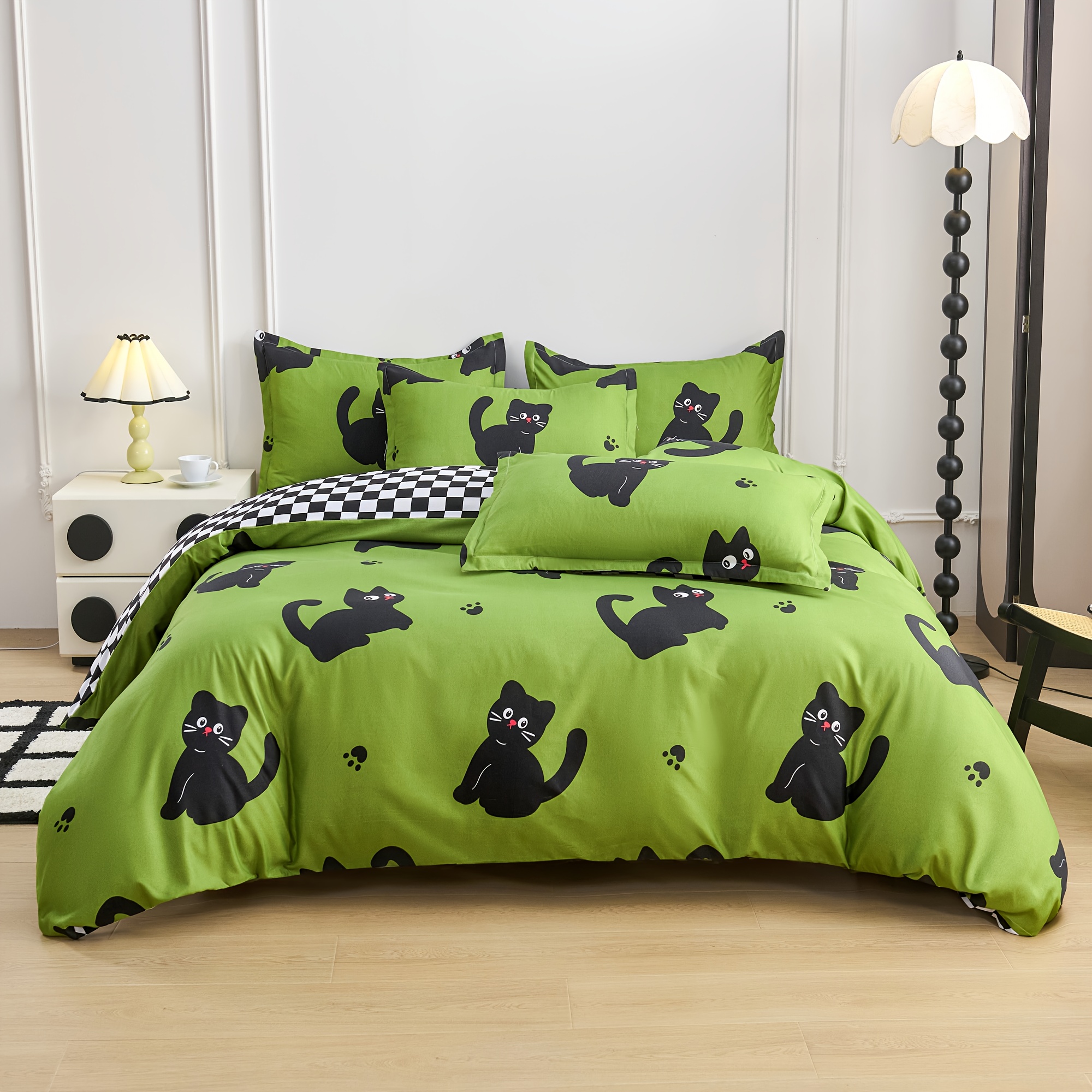 Green Cartoon Natural Cute Cat Duvet Cover And Pillowcase Set