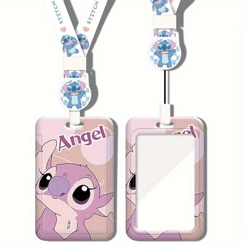 Disney Stitch Cute Card Holder with Retractable Lanyard - ID & Access Badge Sleeve for Office and School Use