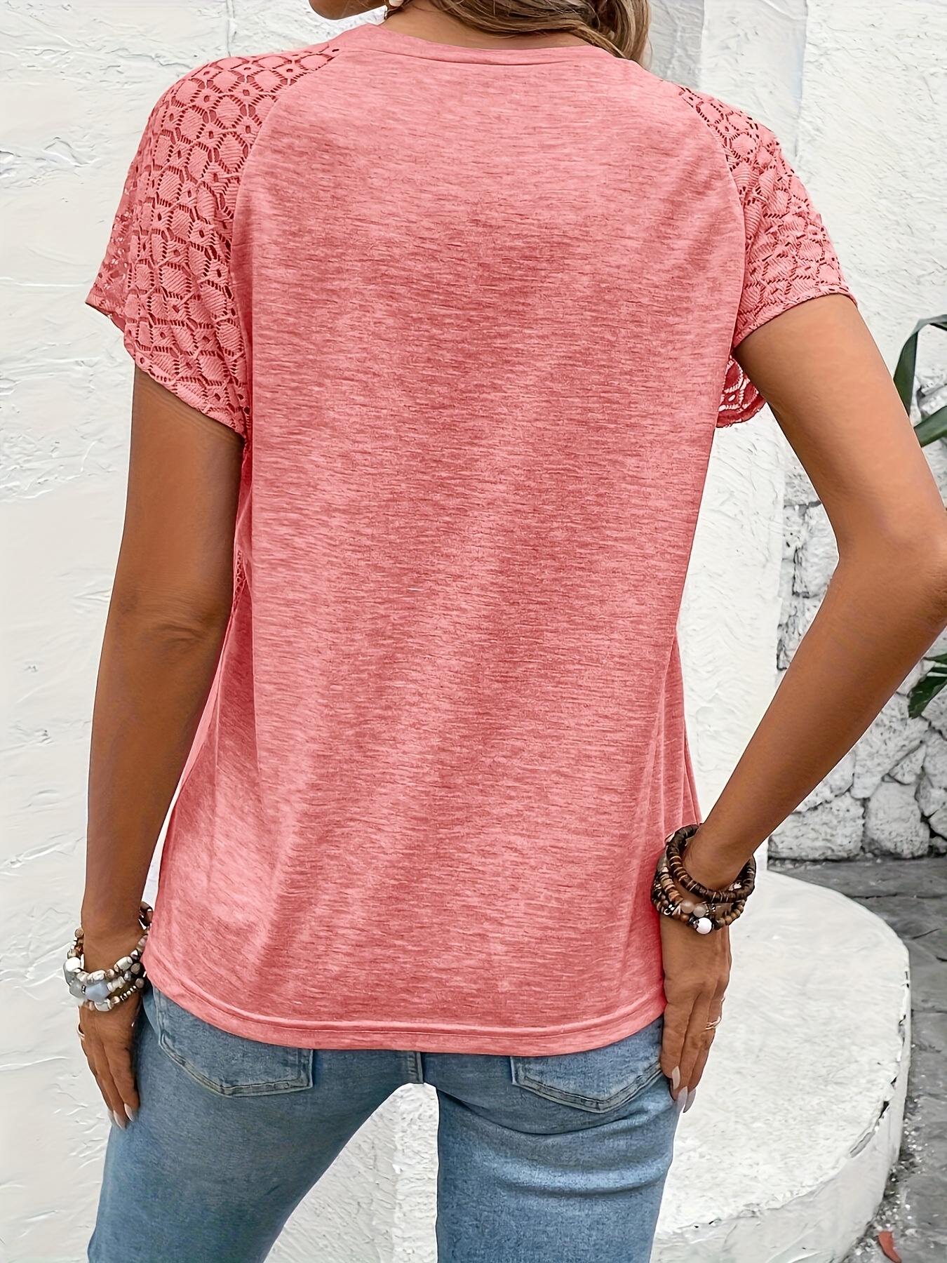 womens elegant solid color lace sleeve t shirt summer   blouse with breathable fabric machine washable versatile for casual formal outfits cropped tee style soft   ladies t shirts Product details 16