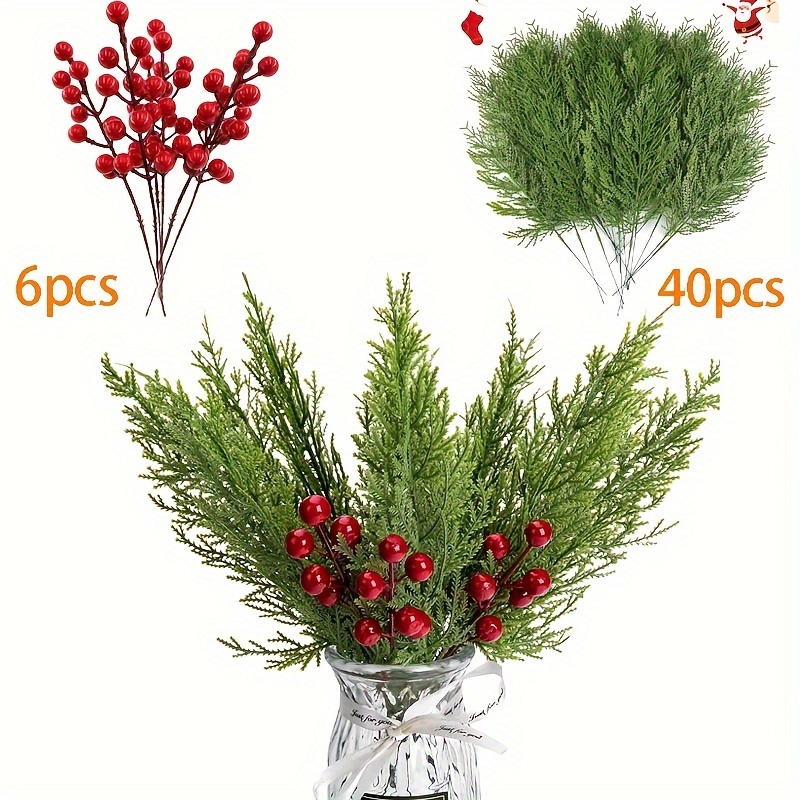 TEMU 40 Pcs Artificial Pine 6pcs Red Berry Faux Greenery Stems Pine Picks Plastic Christmas Decor - Diy Holiday Accessories