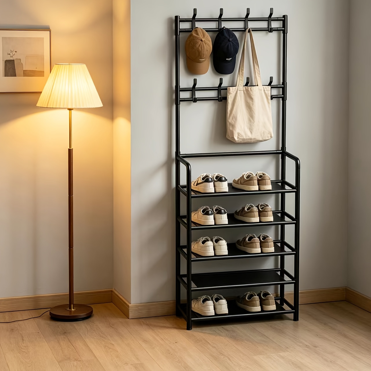 TEMU Porte-manteau d'entrée, étagère à chaussures, organisateur de chaussures d'entrée, banc de chambre avec porte-manteau combiné à 8 crochets
