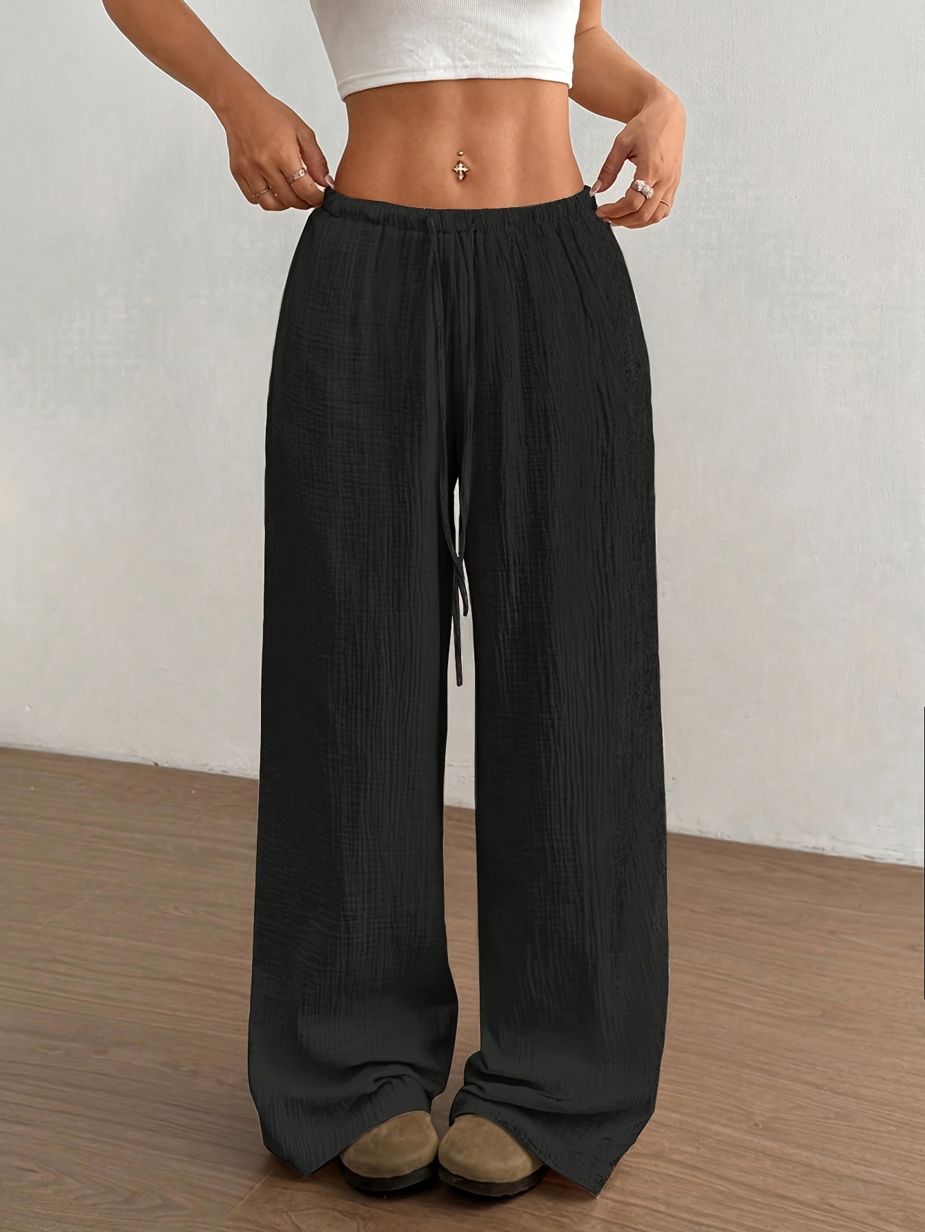womens solid color casual drawstring straight leg pants trousers