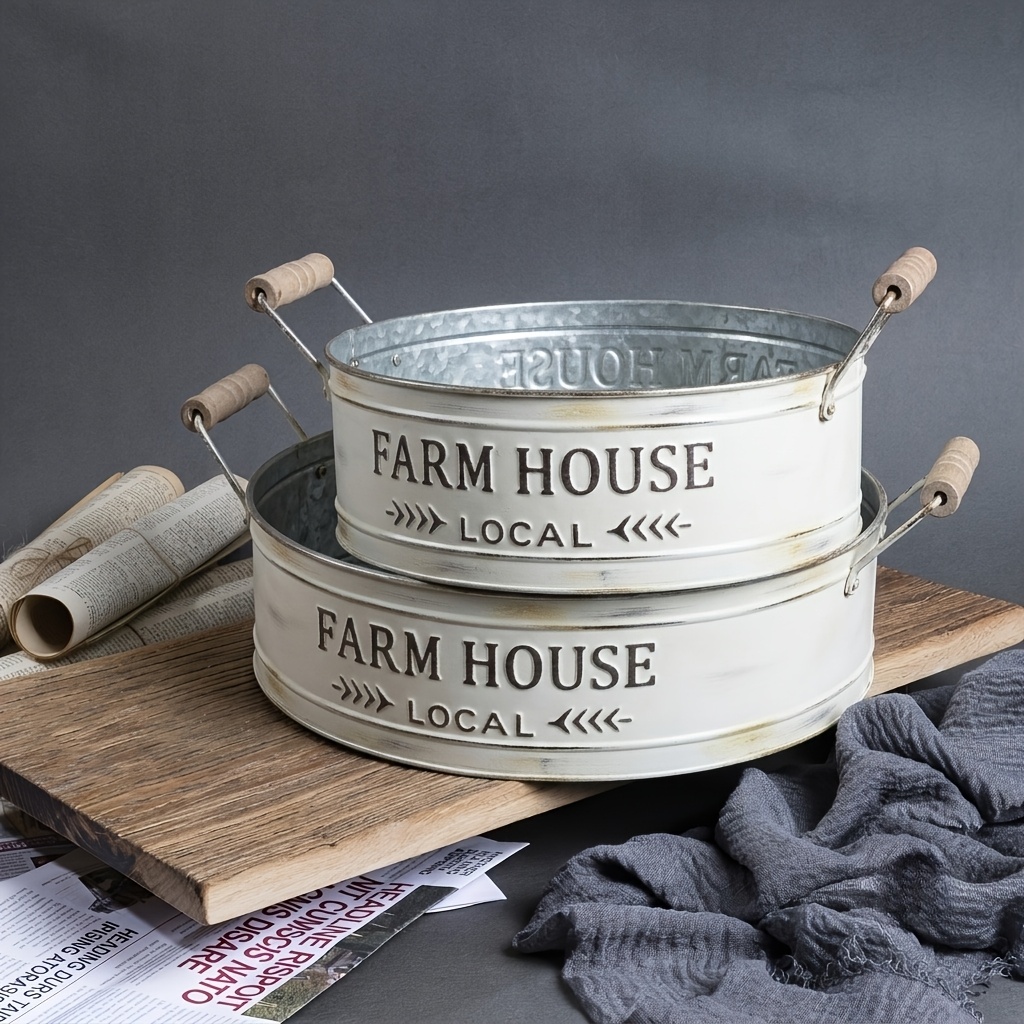 Image of Galvanized Round Tray Set Of 2 With Wooden Handles For Home, Office, Party, Wedding, Spa, Serving (non-food Contact)