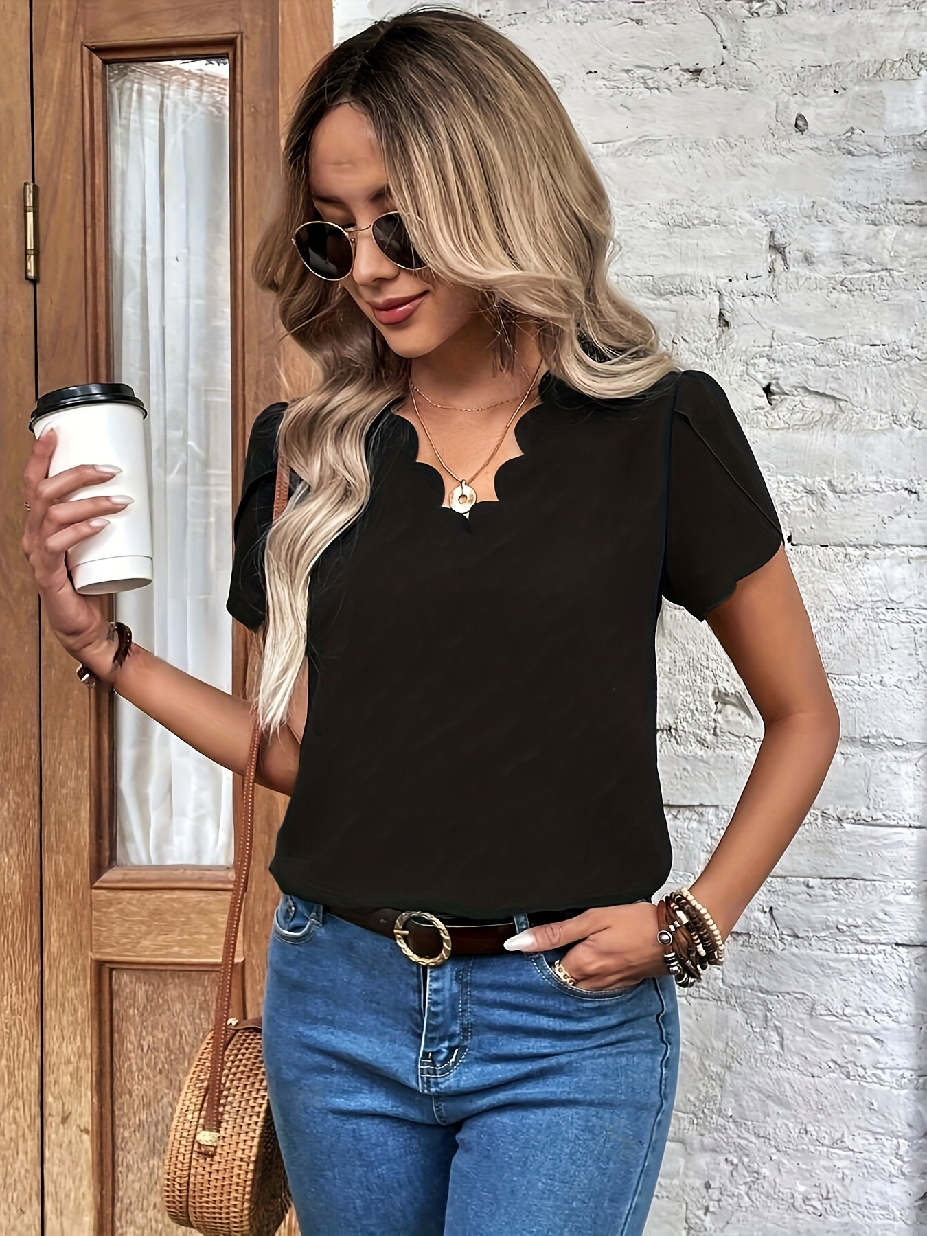 V Neck Loose Solid Blouse, Casual Short Sleeve Blouse For Spring & Summer, Women s Clothing 3