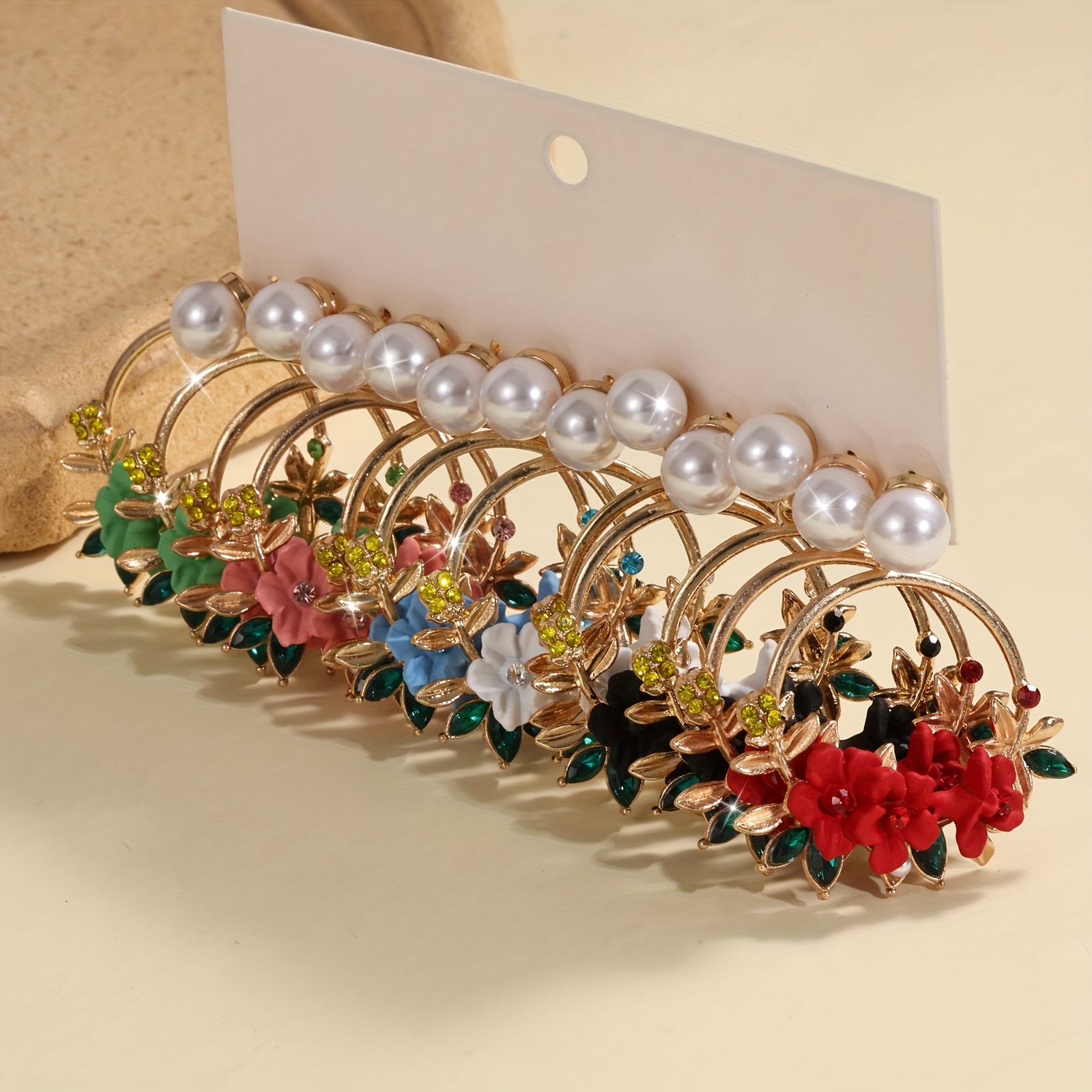 

6pairs Elegant Colorful Flower Decor Hoop Earring Sets, Holiday Gift