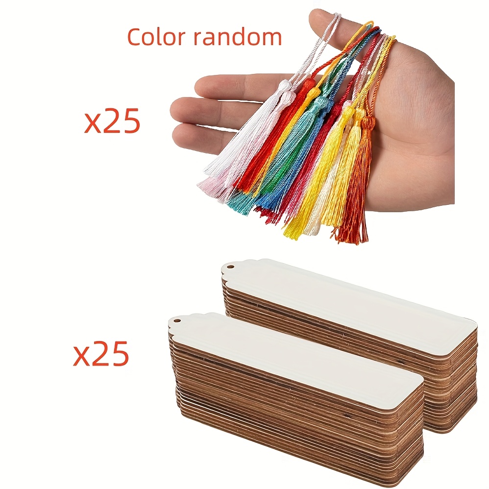 Image of 50pcs Unfinished Wooden Blank Bookmarks Diy Wooden Craft Bookmarks Wooden Laser Cut Wooden Hangers Wooden Square Tags (25pcs Bookmarks+ 25pcs Tassels) Tassel Color Random