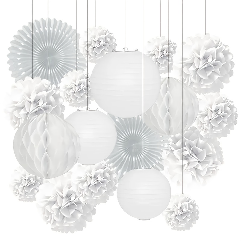 Image of 19pcs Wedding White Party Decorations Hanging Paper Lanterns, White Paper Fans, White Paper Honeycomb Ball Hanging Tissues For Bride Shower Engagement Ceremony
