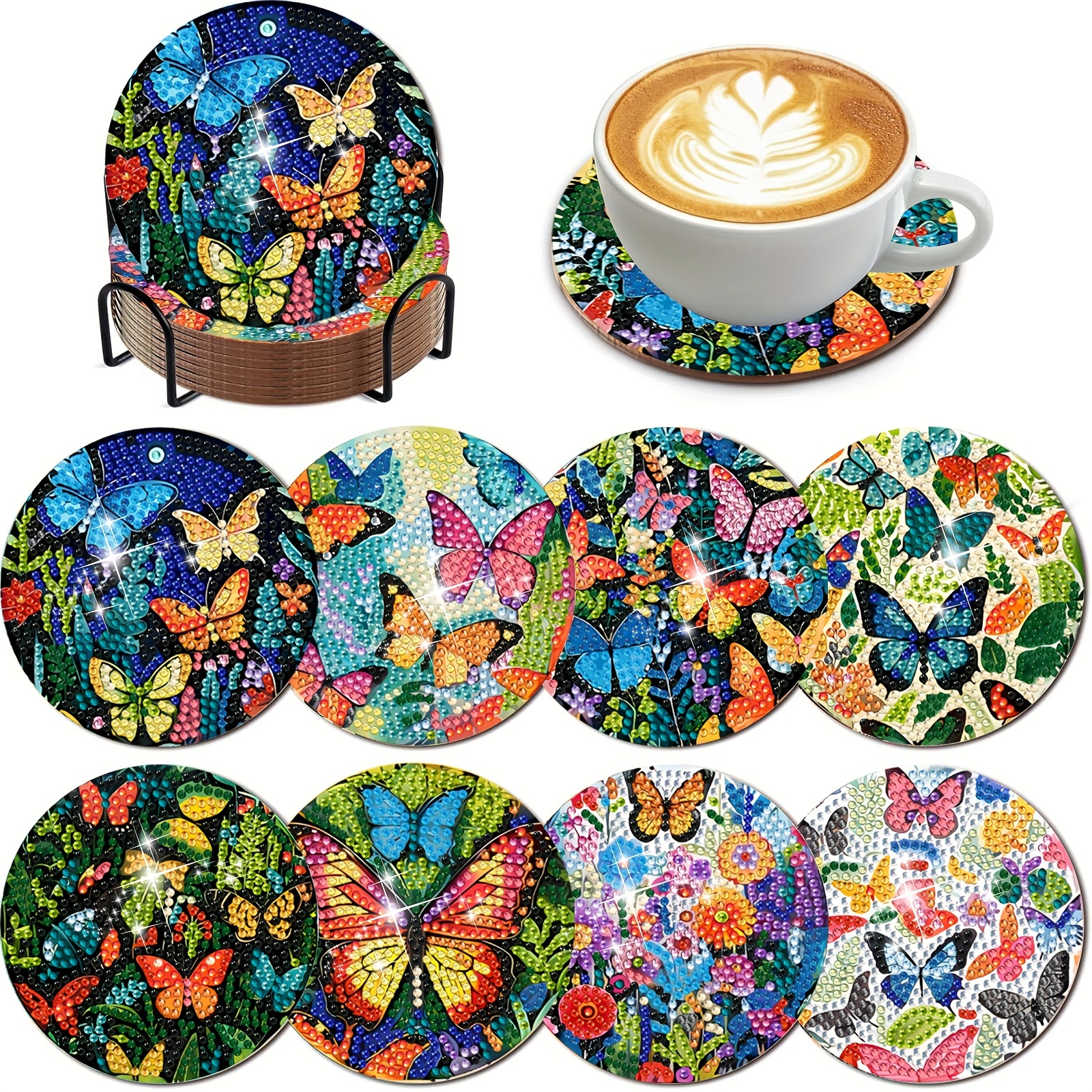 

8pcs Coaster Kits, Diy Cup , Round Diamond Art Set, Beginner Wooden Gem Art Stand For Adults