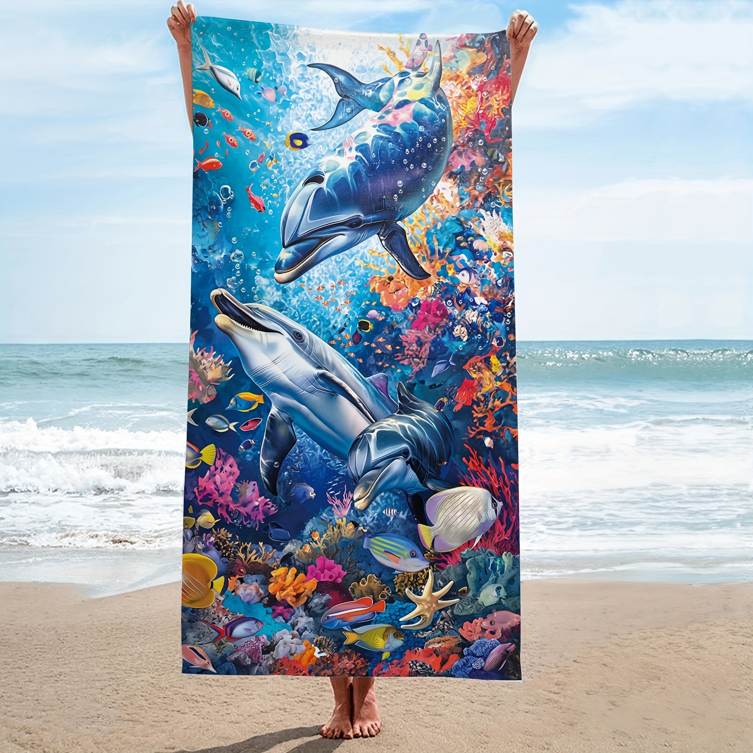 

1pc Dolphin Coral Sea Life Microfiber Beach Towel, Summer Ocean Oversized Bath Towel, Durable Quick Drying Sunscreen Easy To Clean Super Absorbent Towel