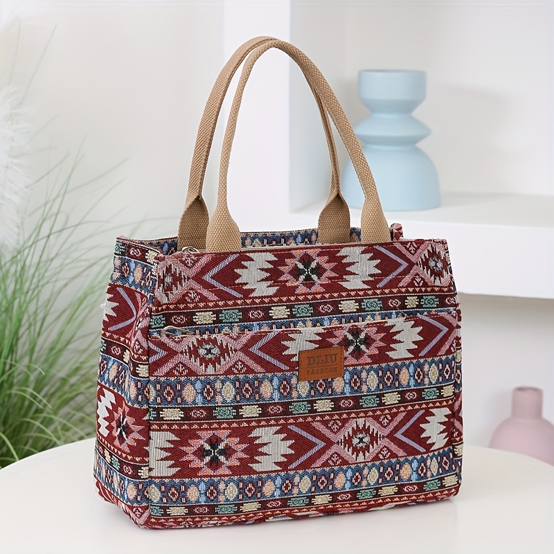 TEMU New Arrival, Thickened Knit Jacquard Fabric Handbag, Tote Bag, Commute Portable Shopping Bag, Mommy Outing Storage Bag, Women's Bag, , Ethnic